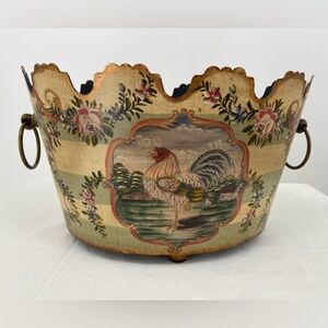 Decorative Rooster & Flowers Metal Container Plant‎ Holder with Handles
